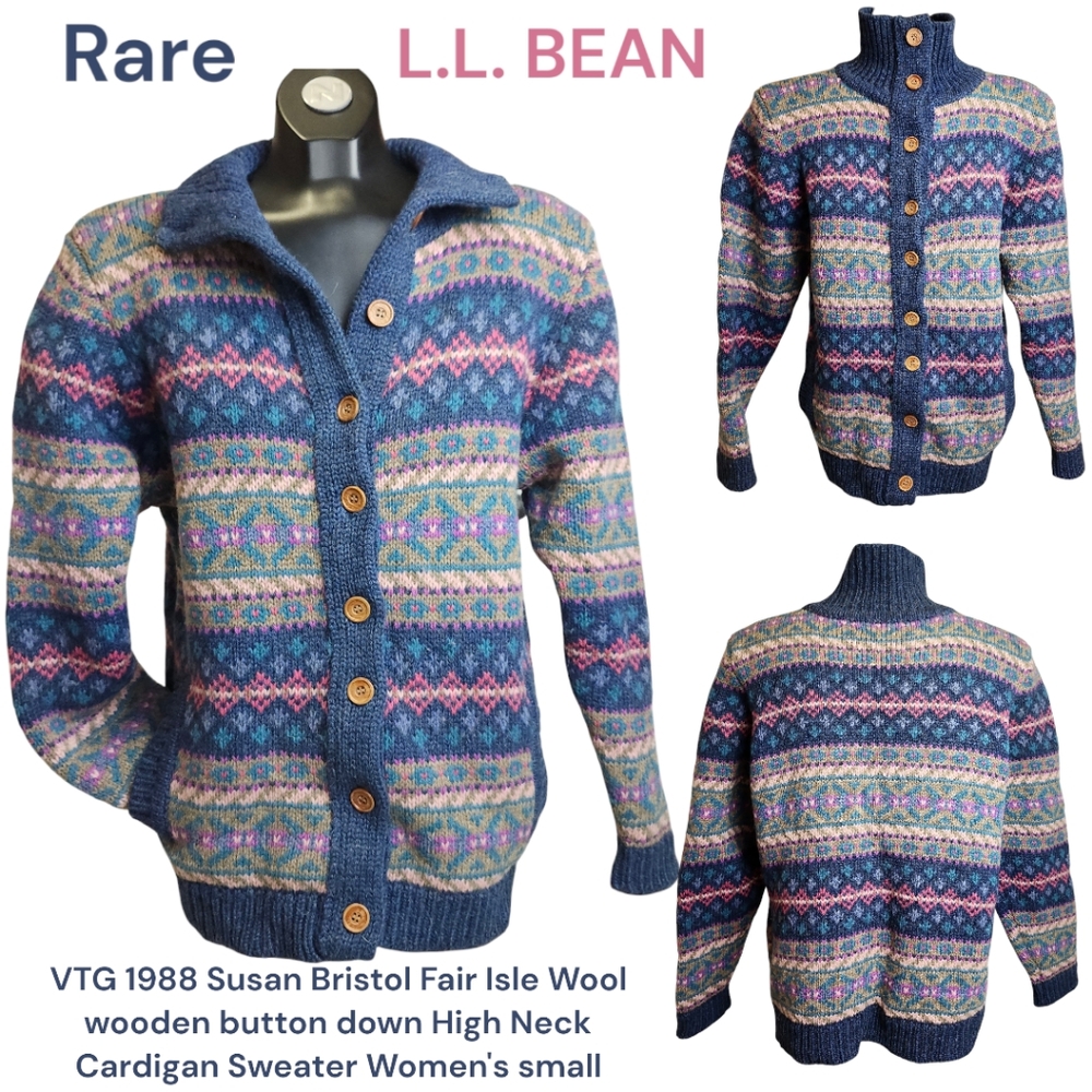 L.L. Bean Multicolor Fair Isle Wool Cardigan — Blue, Pink, Cream